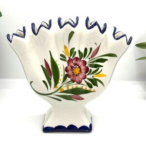 Hand-Painted Portuguese Ceramic Vase With Floral Design & Blue Accents